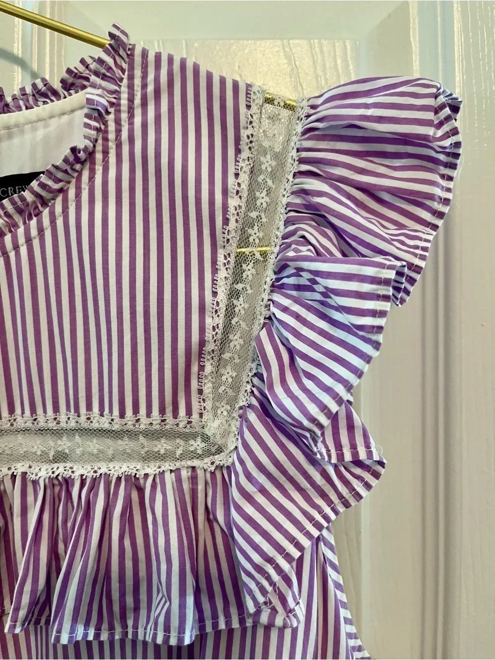 J.Crew Lavender Stripe Tiered Ruffle Midi Dress Lace Trim Cottagecore L￼